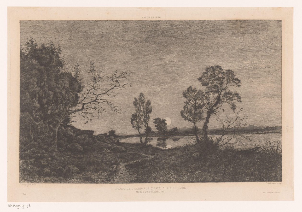 Paisagem com lago ao luar
Étang de Grand-Rue (Yonne) Clair de Lune (título sobre o objecto) de Felix Oudart