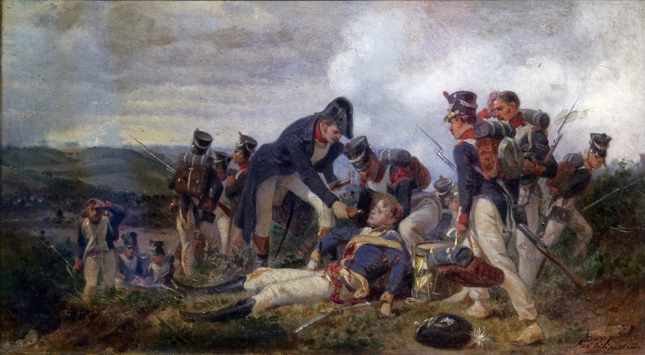 Um oficial de linha de infantaria a resgatar um tenente do 13º Regimento de Dragões Ligeiros Britânicos, 2ª metade do século XIX (óleo sobre tela) de Felix Philippoteaux