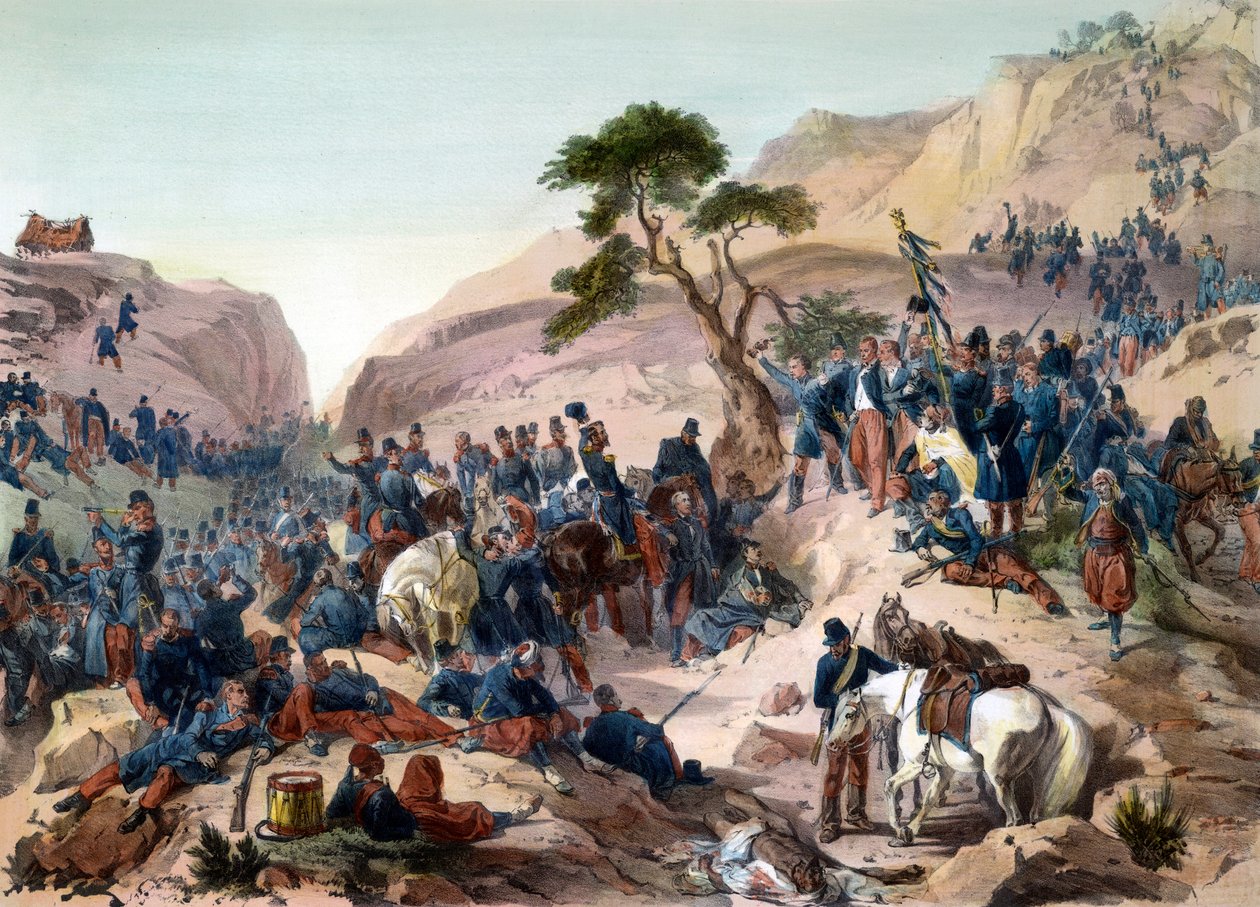 Episódio da conquete da Argélia em 1840 - Batalha da passagem de Mouzaia (1840) - O Duque de Orleães exerce comando no exército francês - gravura de Philippoteaux - O exército francês vence a batalha do Teniah de Mouzaia pela passagem da montanha de Mouzai de Felix Philippoteaux