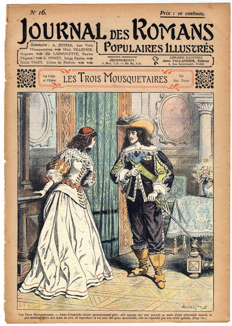 Série romana: "Os Três Mosqueteiros" de Alexandre Dumas (1802-1870). O Rei Luís XIII (1601-1643) anuncia à Rainha Ana da Áustria (1601-1666) que ela terá de usar os tachas de diamantes para o baile organizado na câmara municipal. No "Le Journal des roman de Felix Philippoteaux