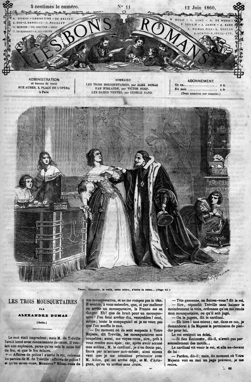 Série romana: "Os Três Mosqueteiros" de Alexandre Dumas (1802-1870). Suspeita de infidelidade pelo seu marido, Luís XIII, a Rainha Ana da Áustria (1601-1666) deve entregar ao Chanceler uma carta que supostamente escreveu ao Duque de Buckingham, o seu presu de Felix Philippoteaux