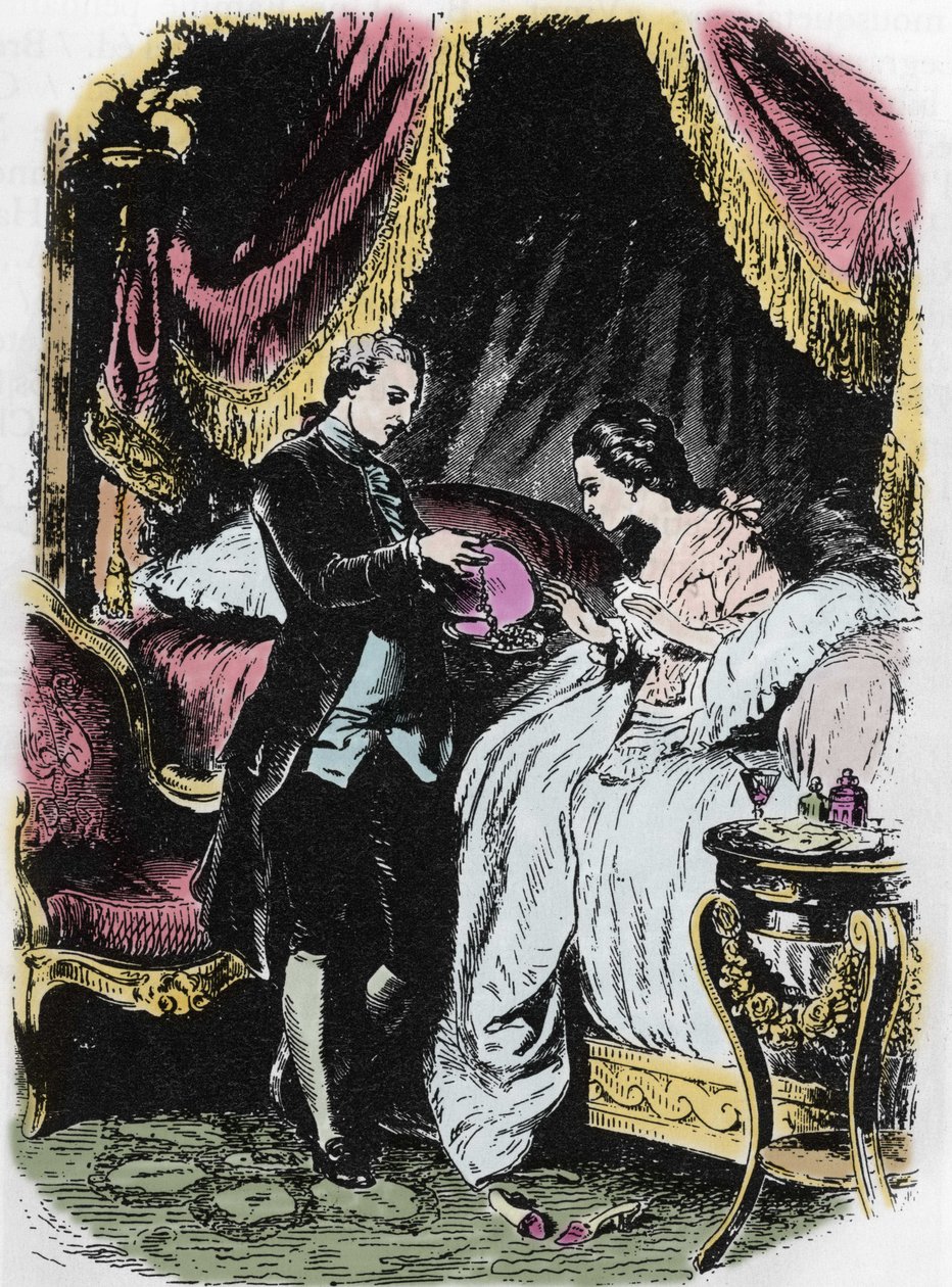 O licor da rainha inspira a caixa do colar. Desenho de Felix Philippoteaux (1815-1884) para o "Colar da Rainha" de Alexandre Dumas. de Felix Philippoteaux