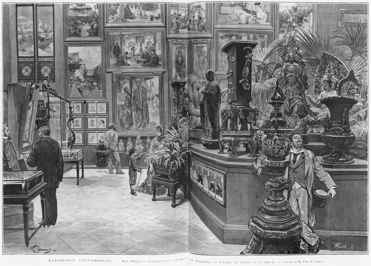 As galerias retrospectivas estrangeiras do Trocadero, Índia, China, Japão, na Exposição Universal de 1878, Paris, do &39;Le Monde Illustre&39;, nº 1129, 16 de novembro de 1878 de Felix Regamey