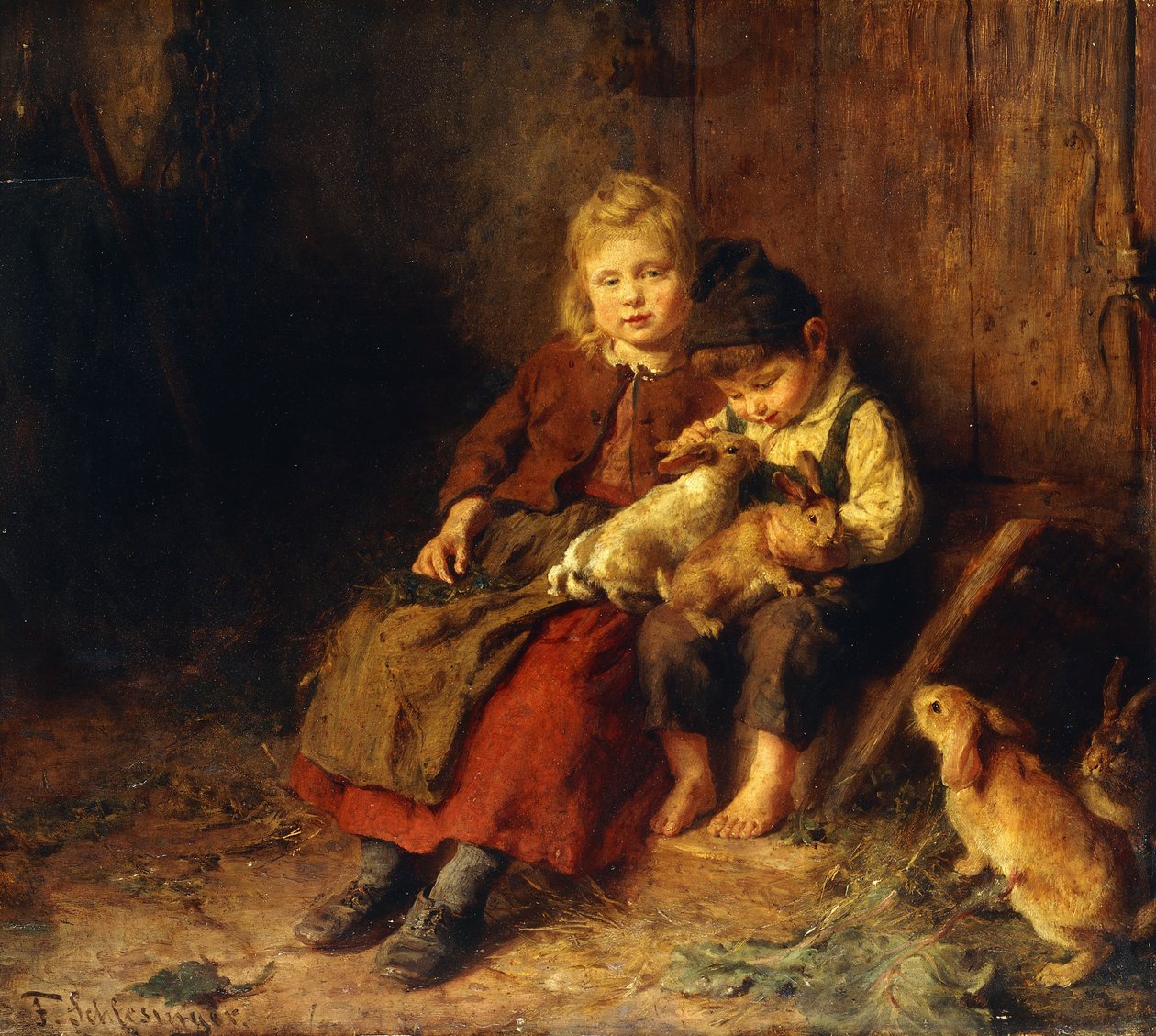 Duas crianças brincando com coelhos, de Felix Schlesinger