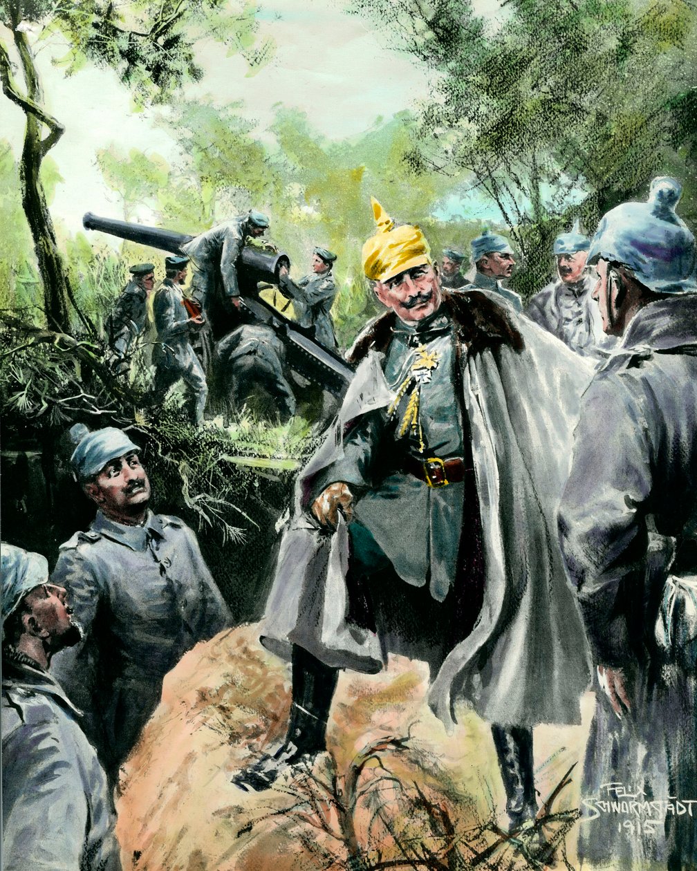 Primeira Guerra Mundial: "Retrato do Imperador Guilherme II (1859-1941) visitando um posto de artilharia" Impressão de Felix Schwormstadt (1870-?) 1915 Coleção particular de Felix Schwormstadt