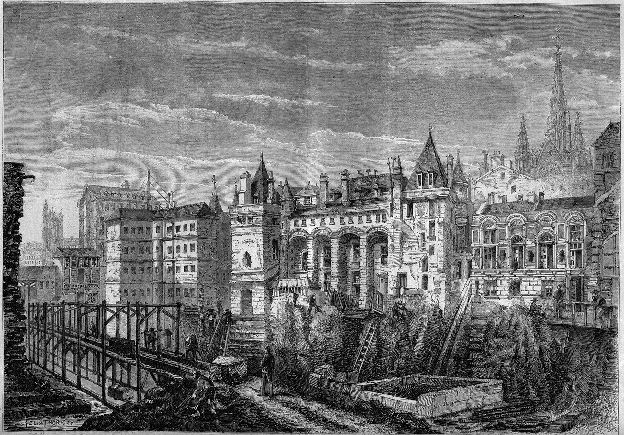 Arquitectura: vista da fachada ocidental do antigo palácio dos reis de França, na Ile de la Cite, em Paris de Felix Thorigny