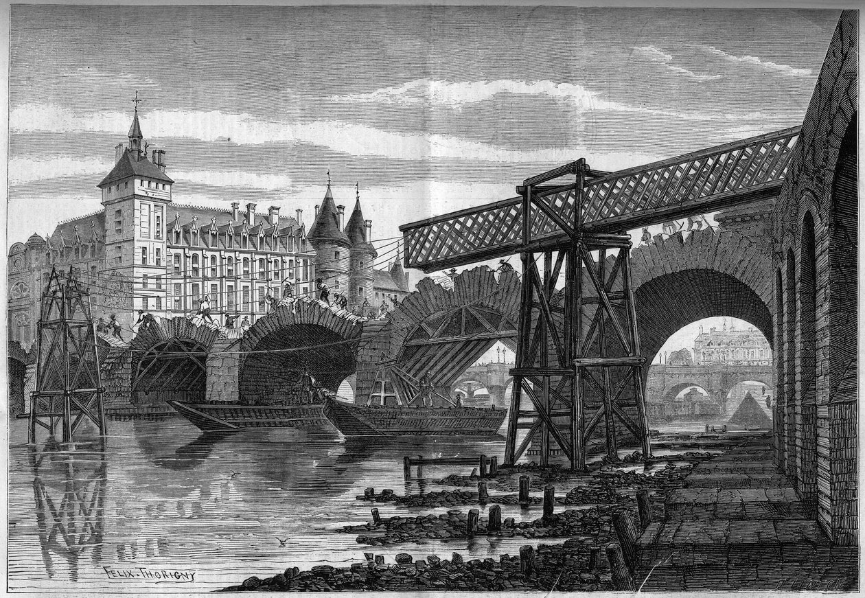 Transformações de Paris sob o Segundo Império, Haussmann Paris: demolição da Pont au Change (1639-1647) e instalação da ponte provisória. Gravura de Felix Thorigny em "Le Monde Illustré" n°78 de 9 de Outubro de 1858. de Felix Thorigny