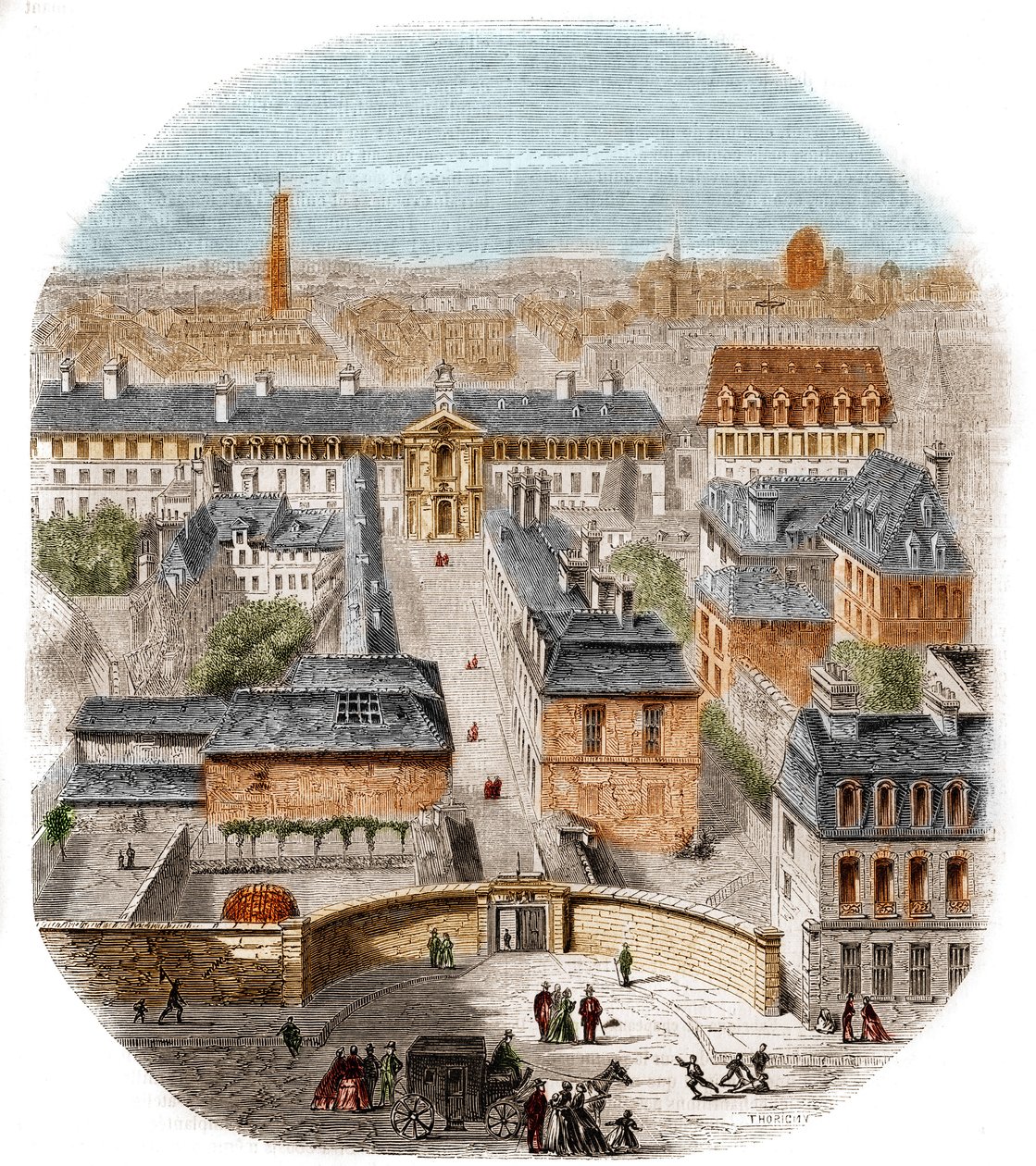 Vista da fábrica de tapeçaria Gobelins em Paris, com o convento dos Capuchinhos, o Observatório e o castelo da rainha Blanche. Gravura de Thorigny de Felix Thorigny