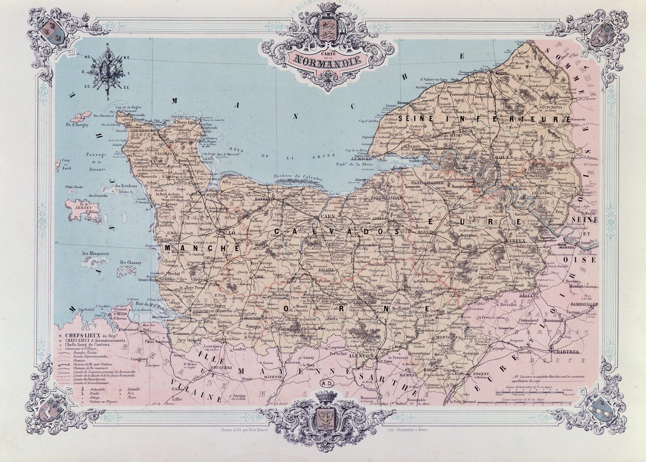 Mapa da Normandia, do primeiro volume de La Normandie Illustree, gravado por Charpentier, publicado em Nantes 1852 de Felix after Benoist