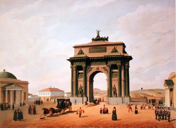 O Arco do Triunfo, na Praça Tverskaya, em Moscou, impresso por Lemercier, Paris, de 1840 de Felix after Benoist