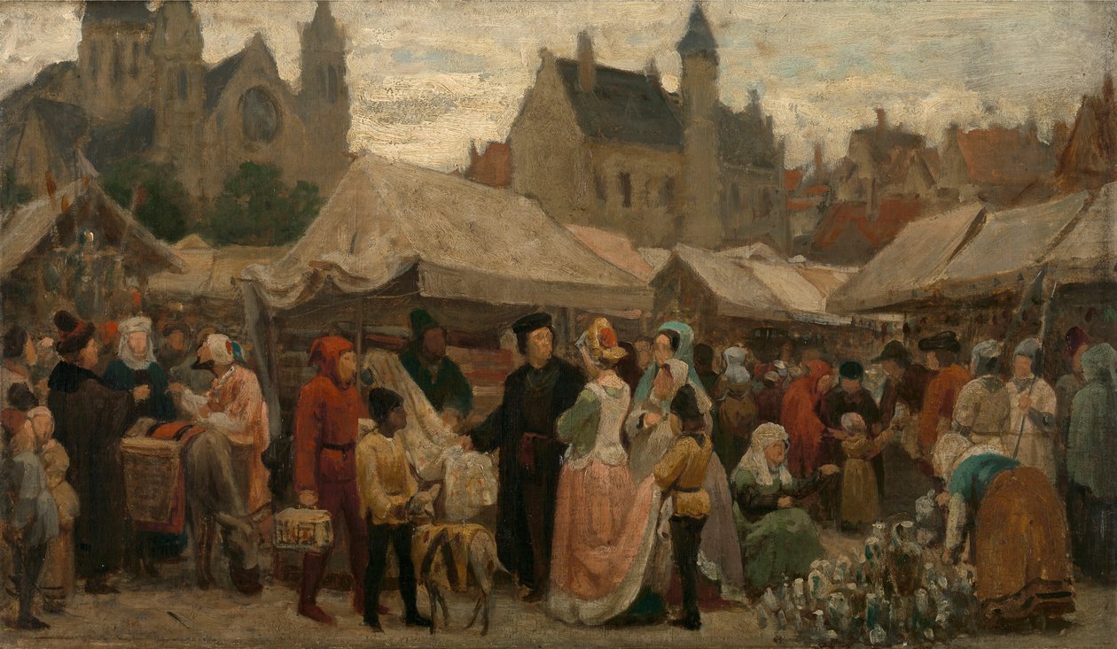 Uma feira em Gand na Idade Média, estudo, c.1862 (óleo sobre tela) de Felix de Vigne