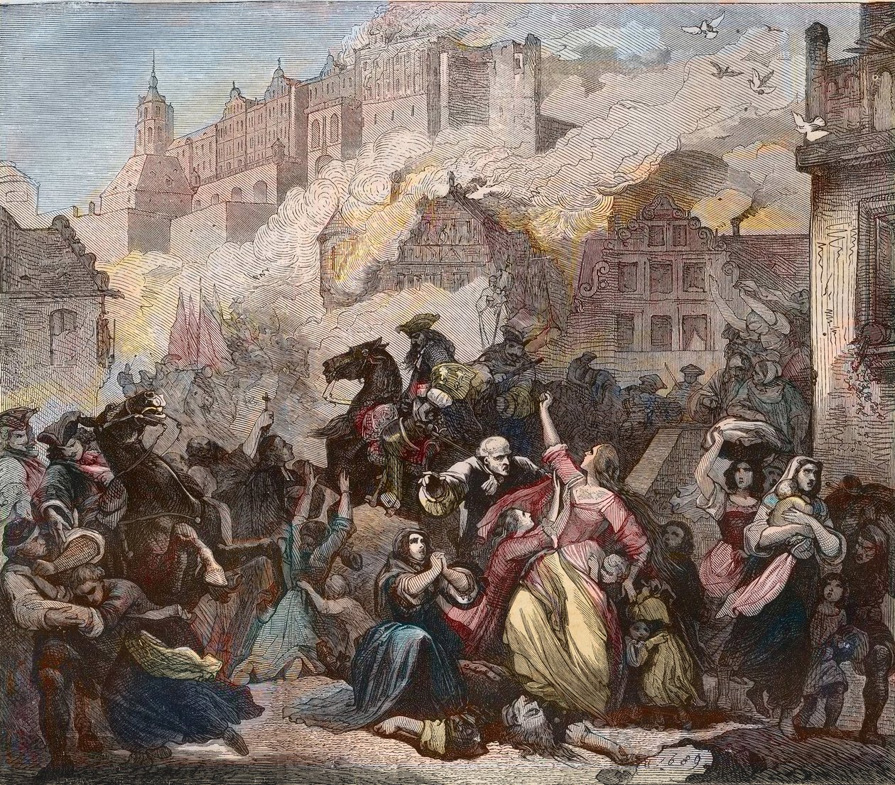 Destruição de Heidelberg pelos franceses sob o General Ezechiel Melac, 2 de Março de 1689 - Incêndio do Castelo de Heidelberg - 1689 - Guerra dos Nove Anos - Guerra da Grande Aliança - Guerra da Liga de Augsburgo - "Incêndio do castelo de Heidelberg bombar de Feodor (after) Dietz