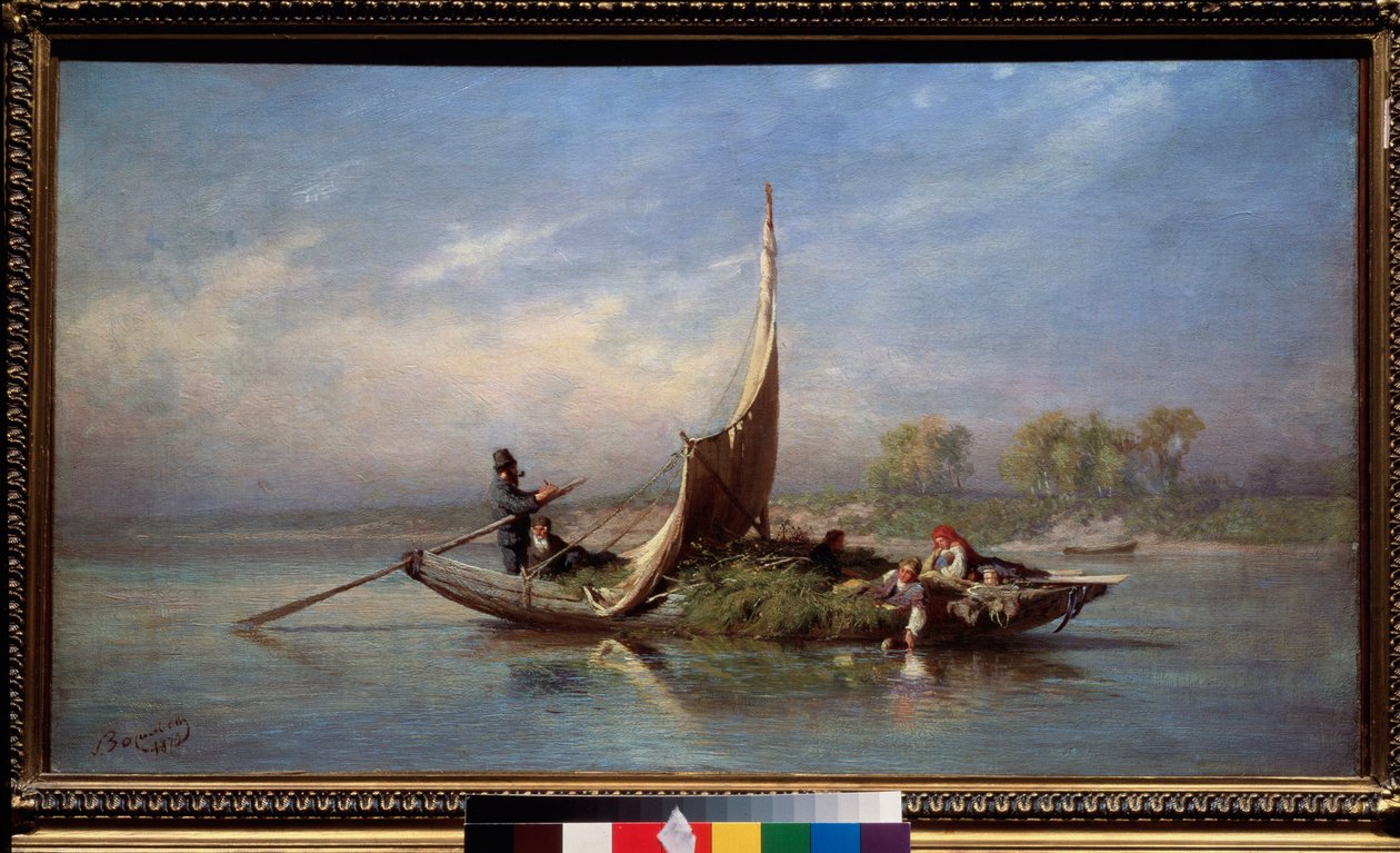 Família em um barco (Transporte de forragem em um barco à vela) - Família em um barco - Pintura de Fyodor Vasilyev (Feodor Alexandrovich, Fiodor Alexandrovitch Vasiliev (1850-1873), óleo sobre tela de Feodor Alexandrovich Vassiliev