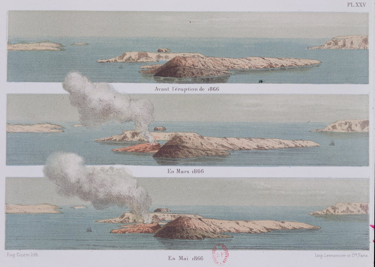 A erupção do vulcão Georgios, ilustração de Santorini e suas erupções pelo artista, gravada por Eugene Ciceri, 1879 de Ferdinand Fouque
