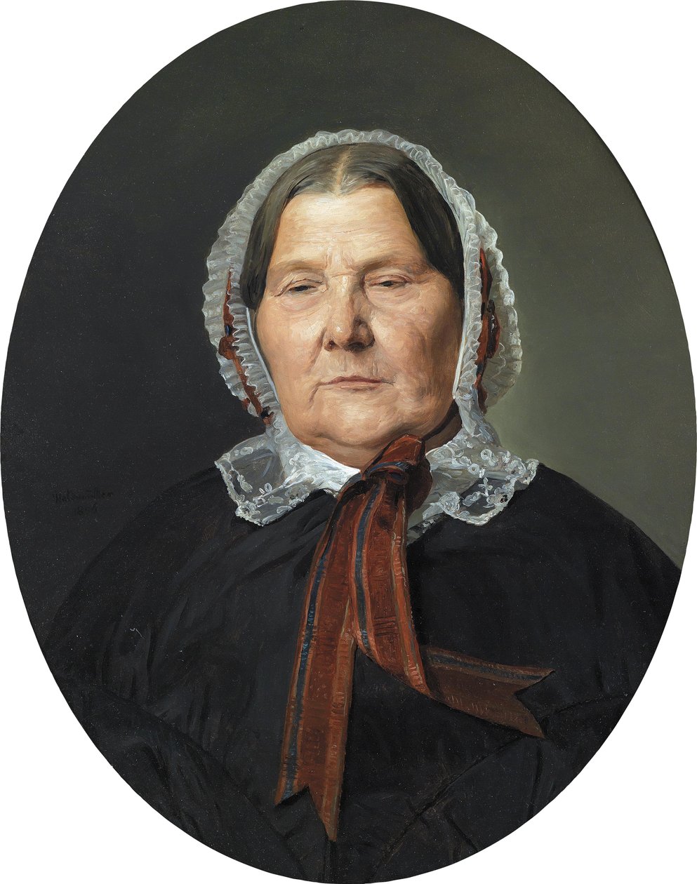 Mulher adulta em vestido preto e branco com babados capota com fitas vermelhas de Ferdinand Georg Waldmuller