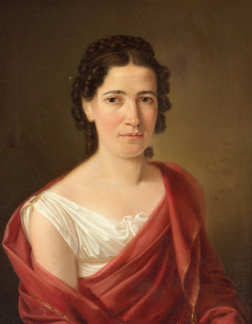 Mulher de cabelos pretos em um vestido branco e vinho xale vermelho de Ferdinand Georg Waldmuller