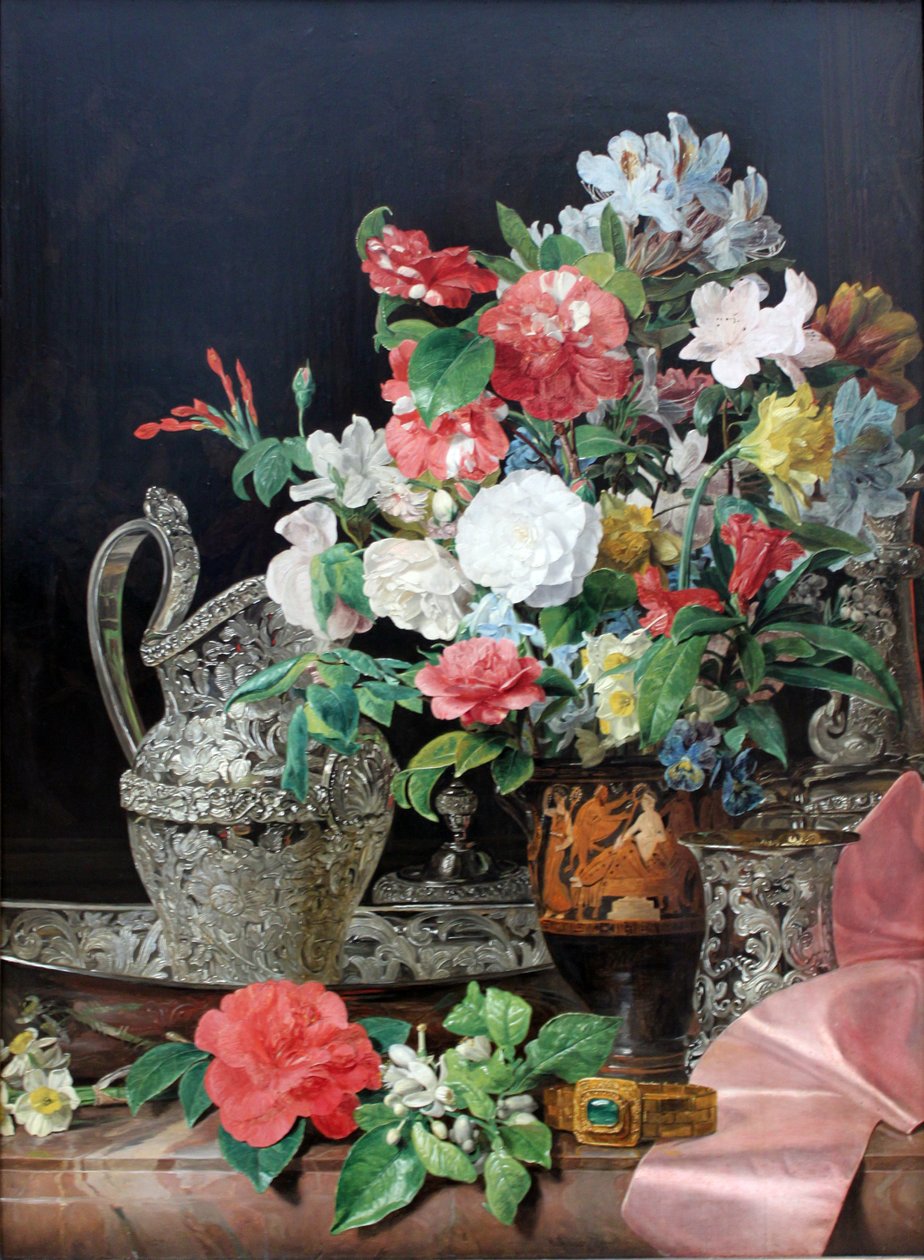 Bouquet com vasos de prata e vaso antigo de Ferdinand Georg Waldmuller