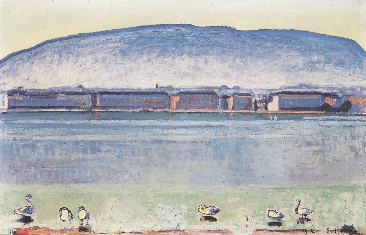 Lago de Genebra com seis cisnes de Ferdinand Hodler