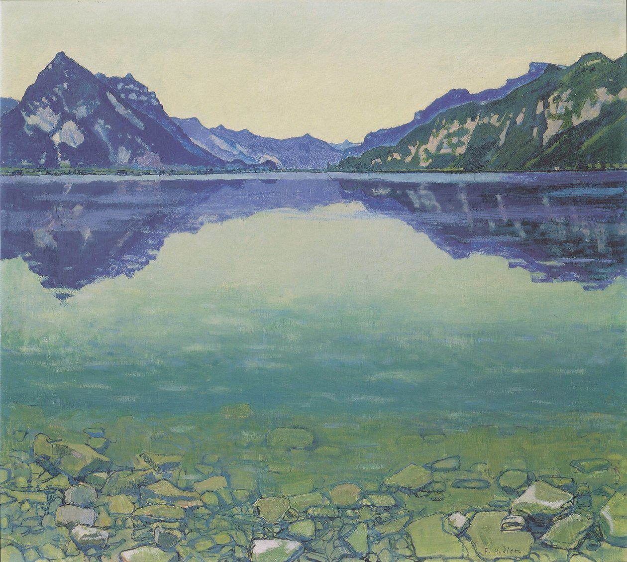 Lago Thun com reflexo simétrico antes do amanhecer de Ferdinand Hodler