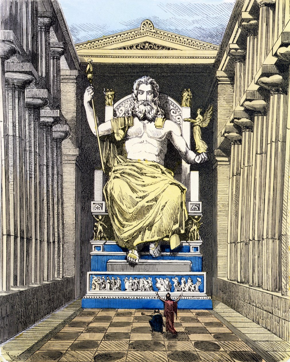 Estátua de Zeus Olímpico por Fídias, de uma série das &39;Sete Maravilhas do Mundo Antigo&39; publicado na &39;Muenchener Bilderbogen&39;, 1886 (gravação a cores) de Ferdinand Knab