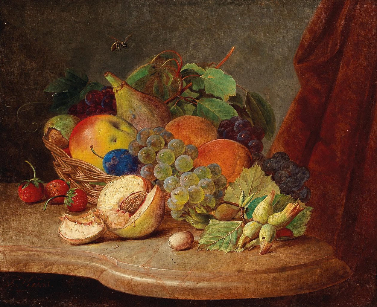 Ainda vida com cesta de frutas e abelha de Ferdinand Kuss