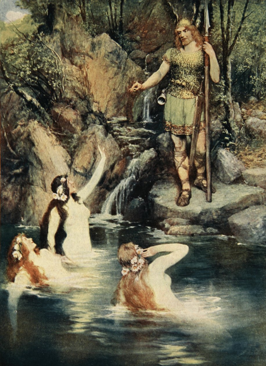 As três donzelas nadaram perto da costa, de "As histórias das óperas de Wagner", de J. Walker McSpadden (1874-1960), 1905 de Ferdinand Leeke