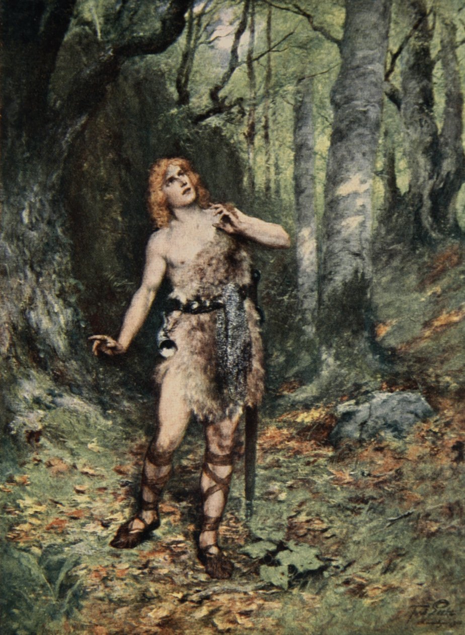 Então, em silêncio, um pássaro cantou para ele, de "As Histórias das Óperas de Wagner", de J. Walker McSpadden (1874-1960), 1905 de Ferdinand Leeke