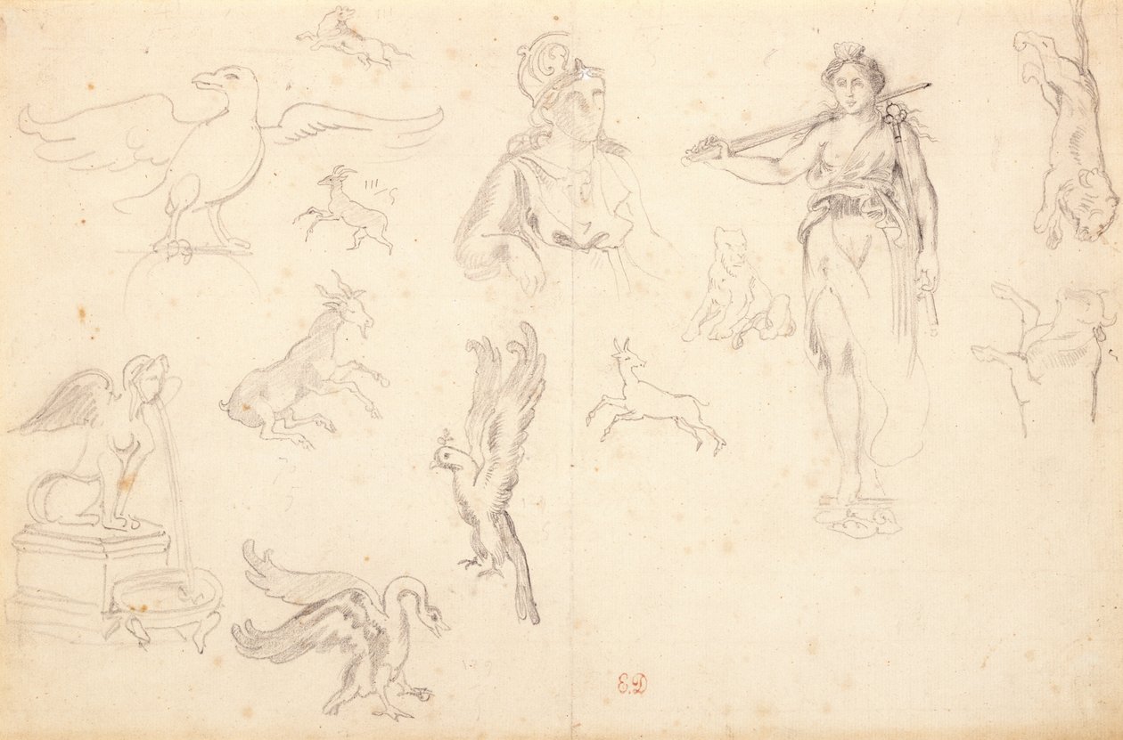 Animal e Figura Estudos (giz preto sobre papel) de Ferdinand Victor Eugene Delacroix