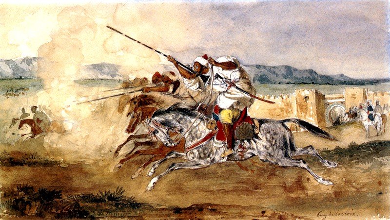 Fantasia ou Game of Powder, em frente à porta de entrada para a cidade de Mequinez de Ferdinand Victor Eugene Delacroix
