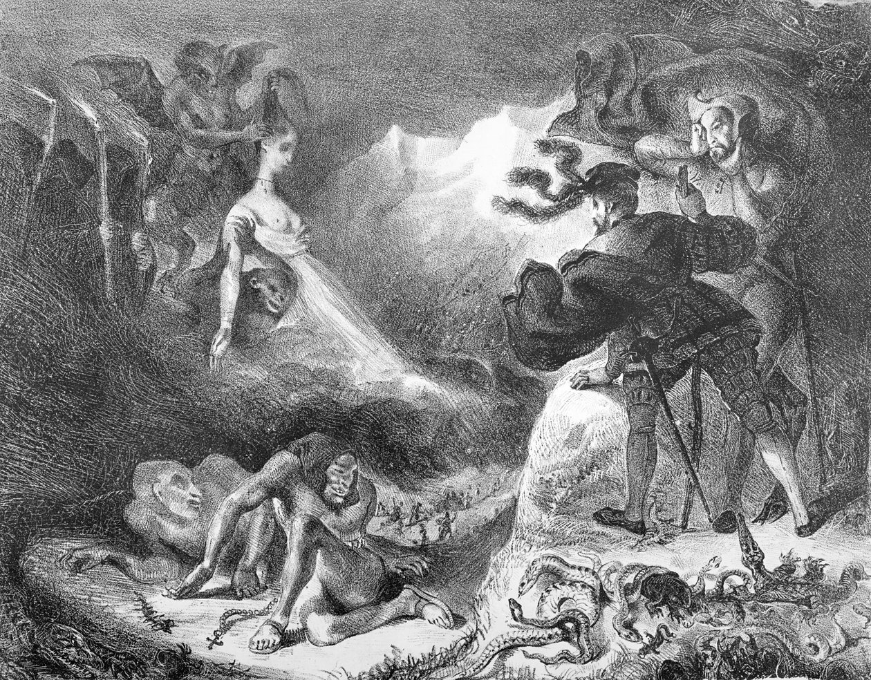 Fausto e Mefistófeles no Sabá das Bruxas, do Fausto de Goethe, 1828, (ilustração), (foto bw de litografia) de Ferdinand Victor Eugene Delacroix