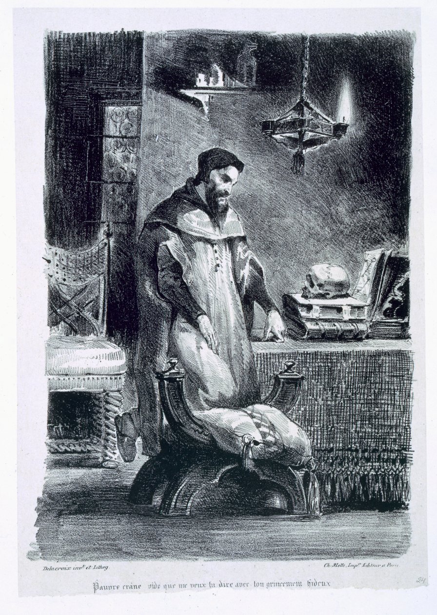 Fausto em seu estudo, do Fausto de Goethe, 1828, (ilustração), (bw foto de litografia) de Ferdinand Victor Eugene Delacroix