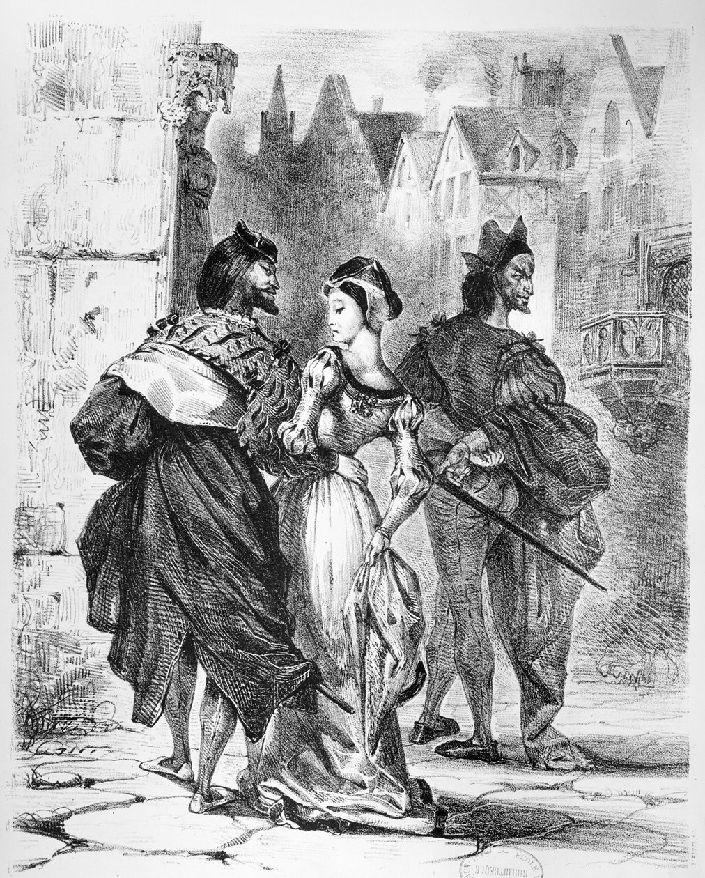 Faust encontrando Marguerite, do Fausto de Goethe, depois de 1828, (ilustração), (foto bw de litografia) de Ferdinand Victor Eugene Delacroix