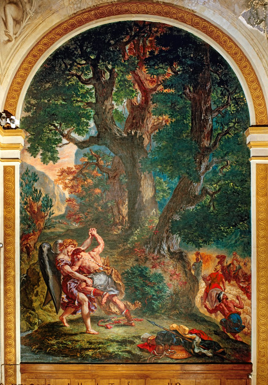 Luta entre Jacó e o Anjo, 1850-61 (óleo e cera em gesso) (ver detalhe 252678) de Ferdinand Victor Eugene Delacroix