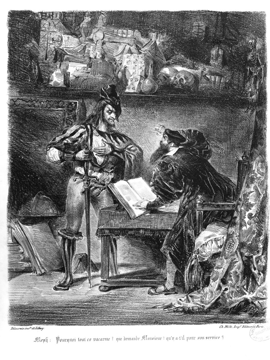 Primeiro encontro entre Fausto e Mefistófeles: `Por que todo esse ruído &39;, do Fausto de Goethe, 1828, (ilustração), (foto bw de litografia) de Ferdinand Victor Eugene Delacroix