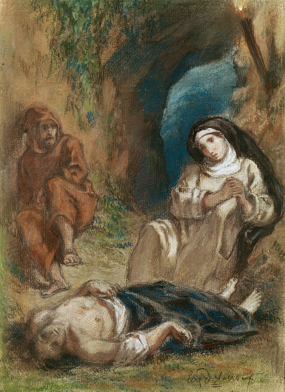 Lelia na caverna, de &39;Lelia&39; por George Sand (1804-76) c.1852 (pastel sobre papel) de Ferdinand Victor Eugene Delacroix