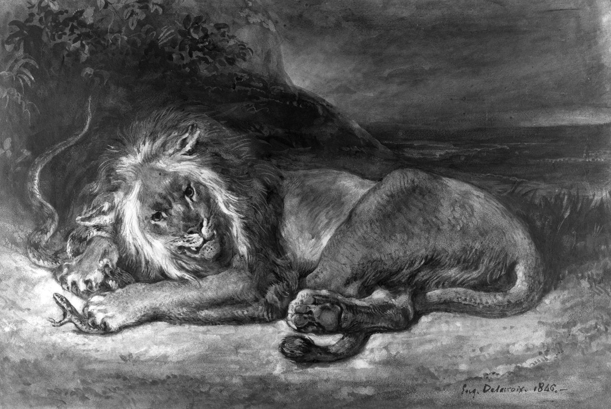 Leão e Cobra de Ferdinand Victor Eugene Delacroix