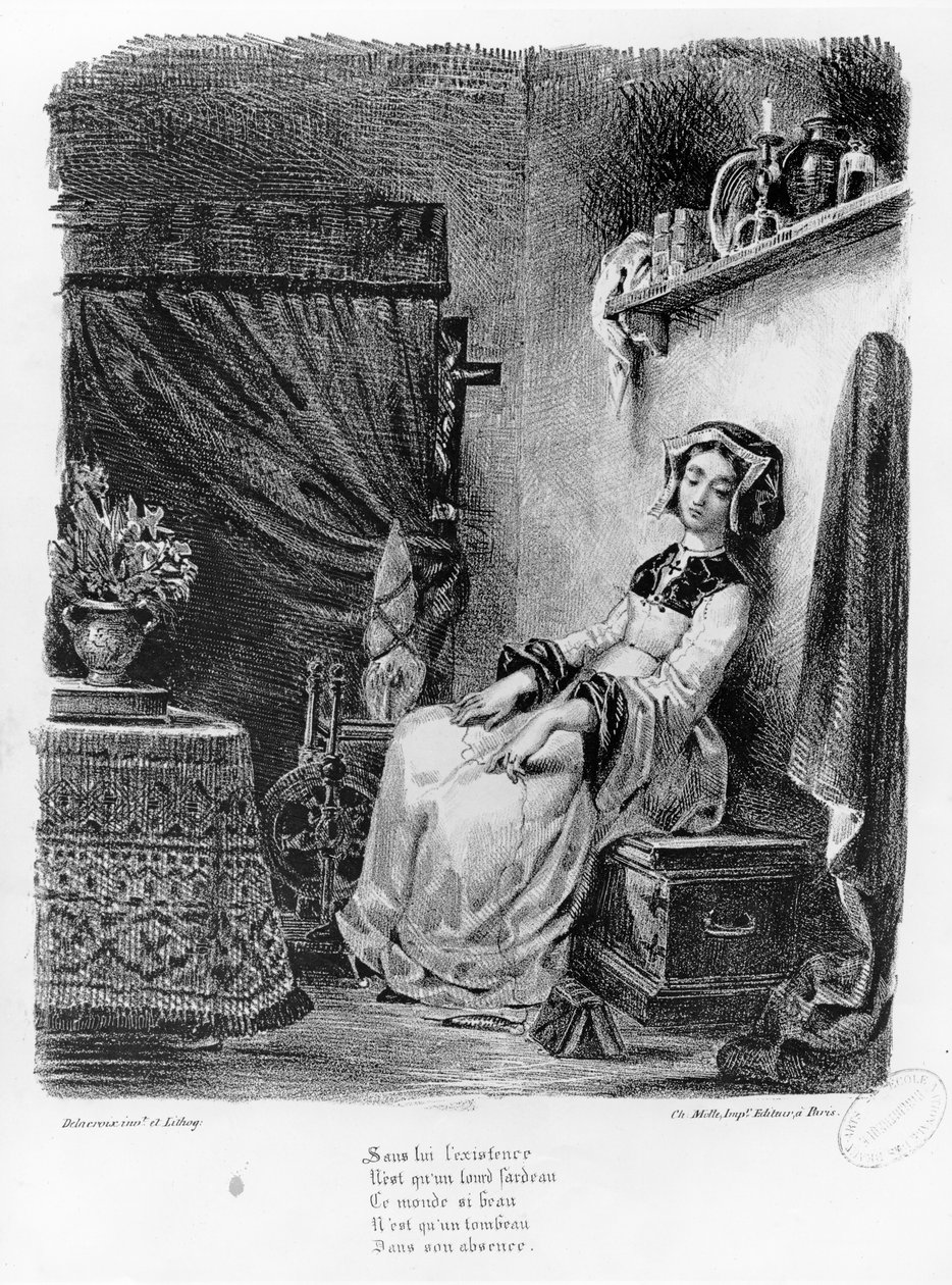 Marguerite em seu quarto, do Fausto de Goethe, (ilustração), (foto bw de litografia) de Ferdinand Victor Eugene Delacroix