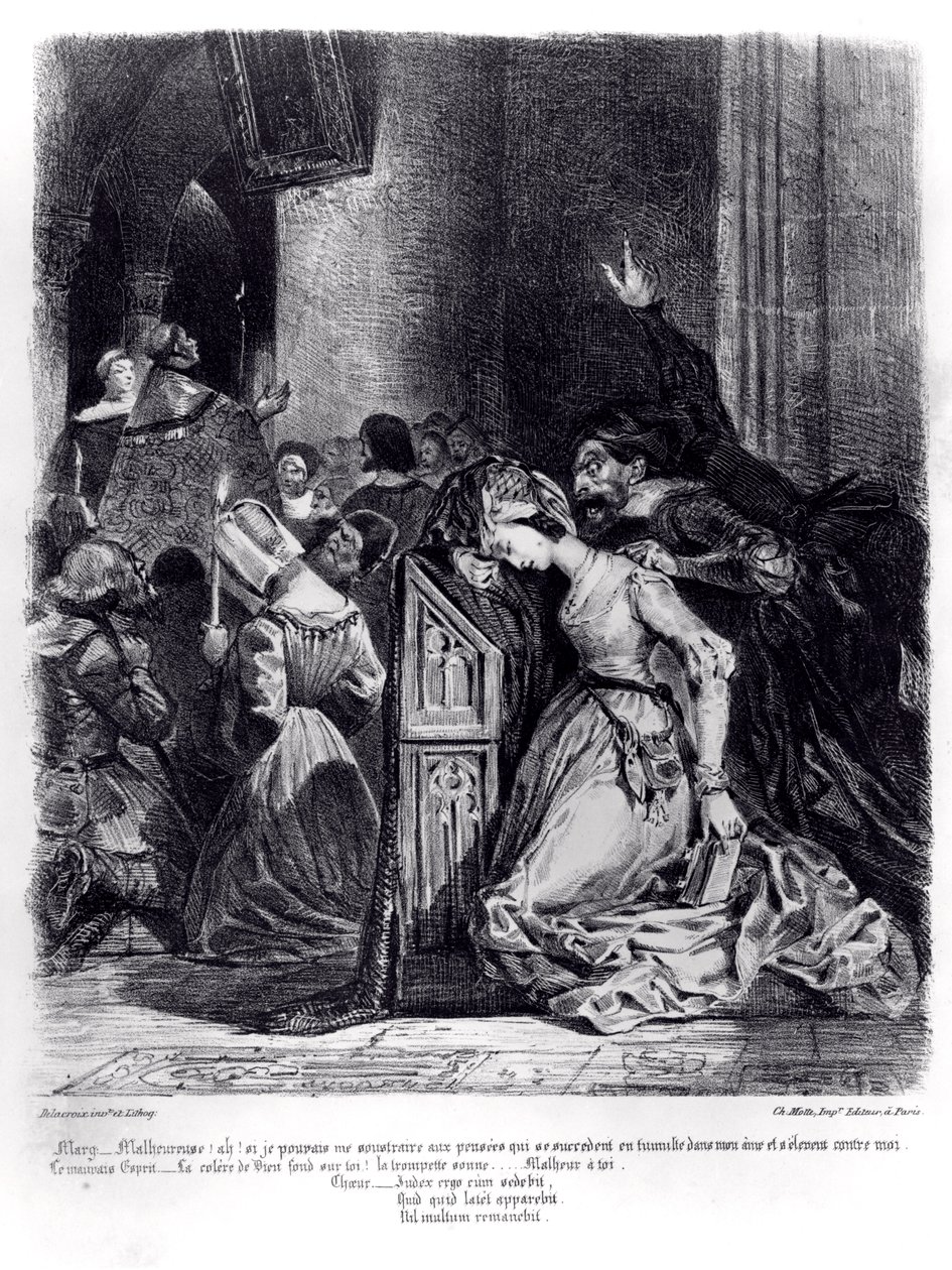 Marguerite na Igreja com os Espíritos Malignos: ilustração de &39;Faust&39; de Goethe, 1828 de Ferdinand Victor Eugene Delacroix