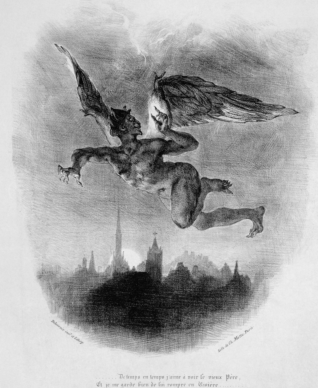 Prólogo de Mefistófeles no Céu, do Fausto de Goethe, 1828, (ilustração), (foto bw de litografia) de Ferdinand Victor Eugene Delacroix