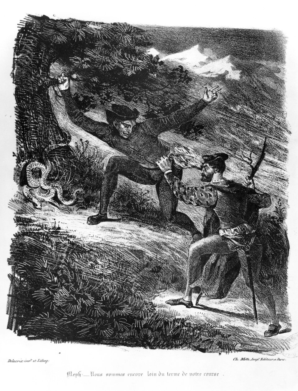 Mefistófeles e Fausto a caminho do Sábado à Noite, Ilustração de Faust de Goethe, 1828 (foto bw de litografia) de Ferdinand Victor Eugene Delacroix