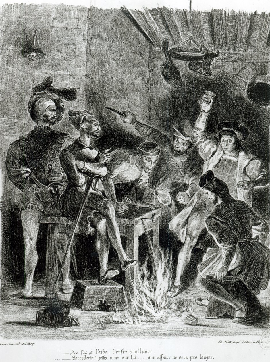 Mefistófeles e os Companheiros de Beber, do Fausto de Goethe, 1828, (ilustração), (bw foto de litografia) de Ferdinand Victor Eugene Delacroix
