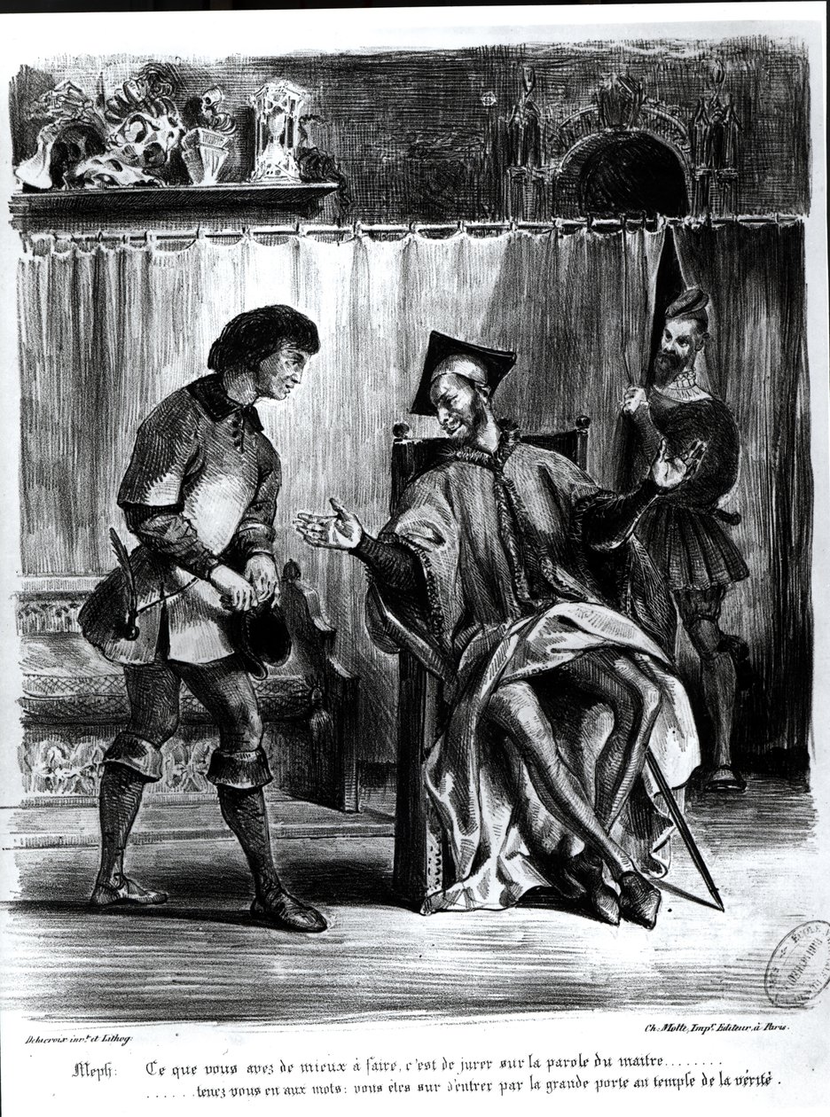 Mefistófeles e o aluno, do Fausto de Goethe, (ilustração), (foto bw de litografia) de Ferdinand Victor Eugene Delacroix