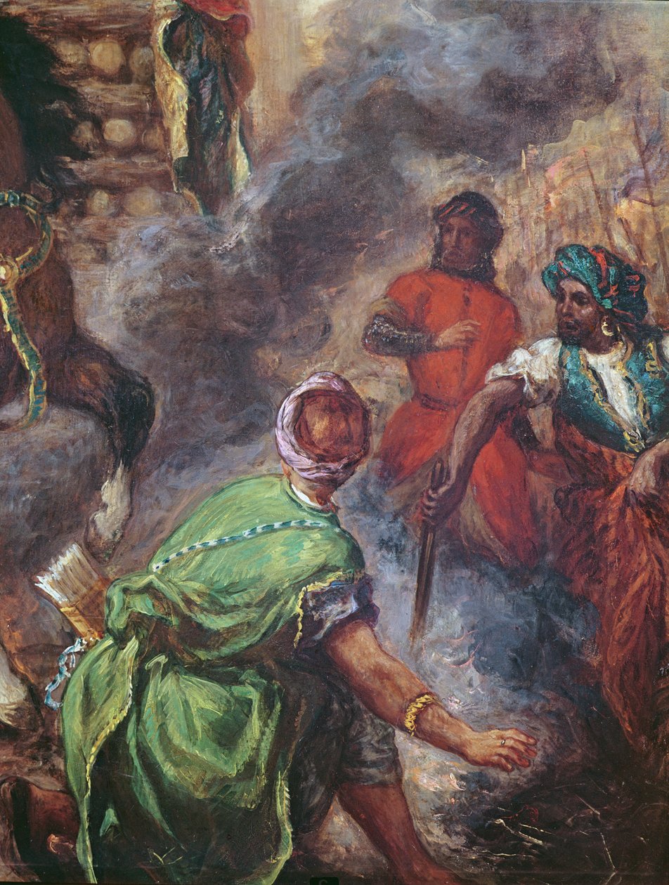 Olinda e Sophronia na pira, detalhe dos sarracenos, de &39;Gerusalemme Liberata&39; de Torquato Tasso (1544-95) de Ferdinand Victor Eugene Delacroix