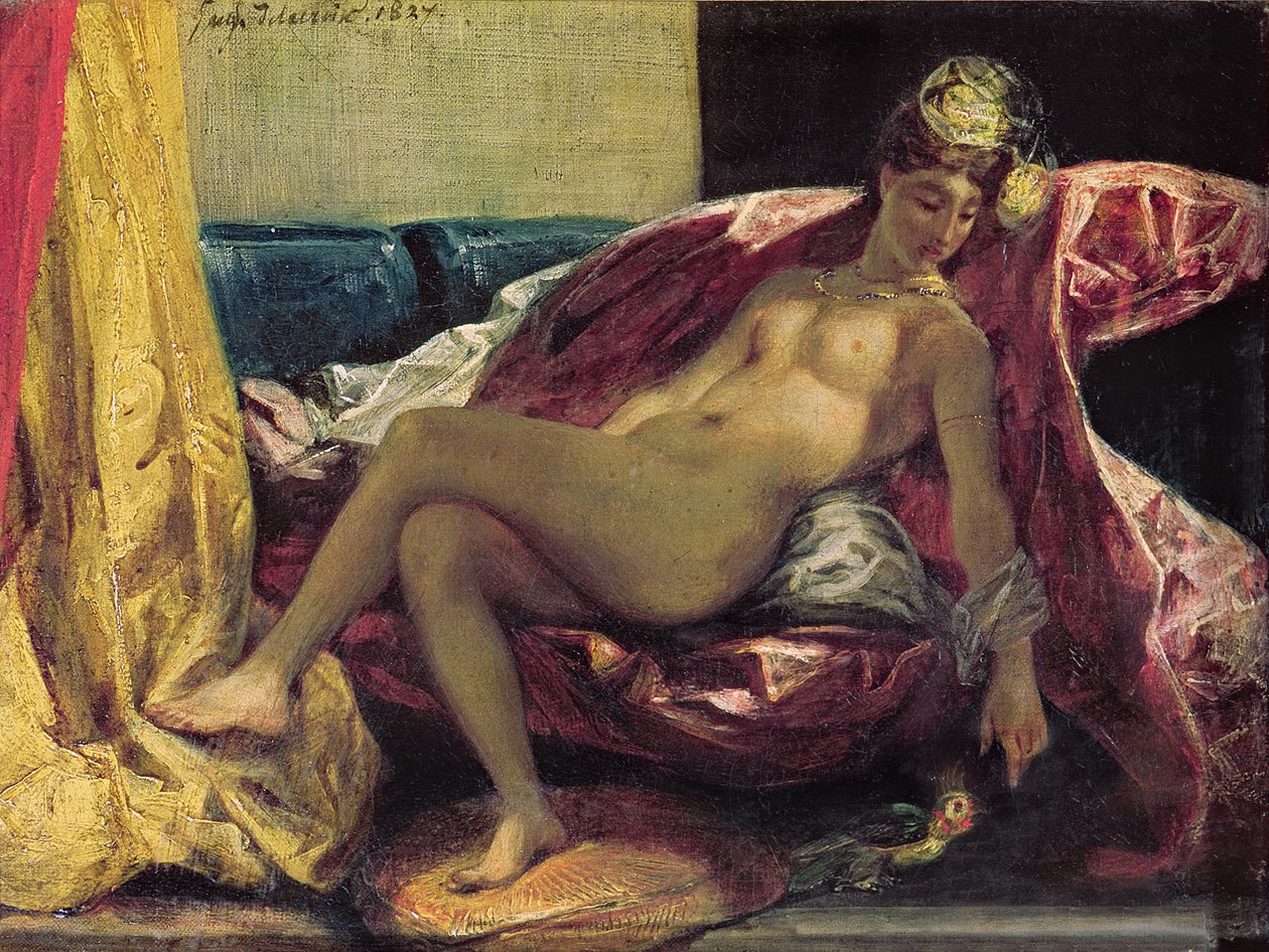 Odalisca reclinada ou, mulher com um periquito, 1827 de Ferdinand Victor Eugene Delacroix