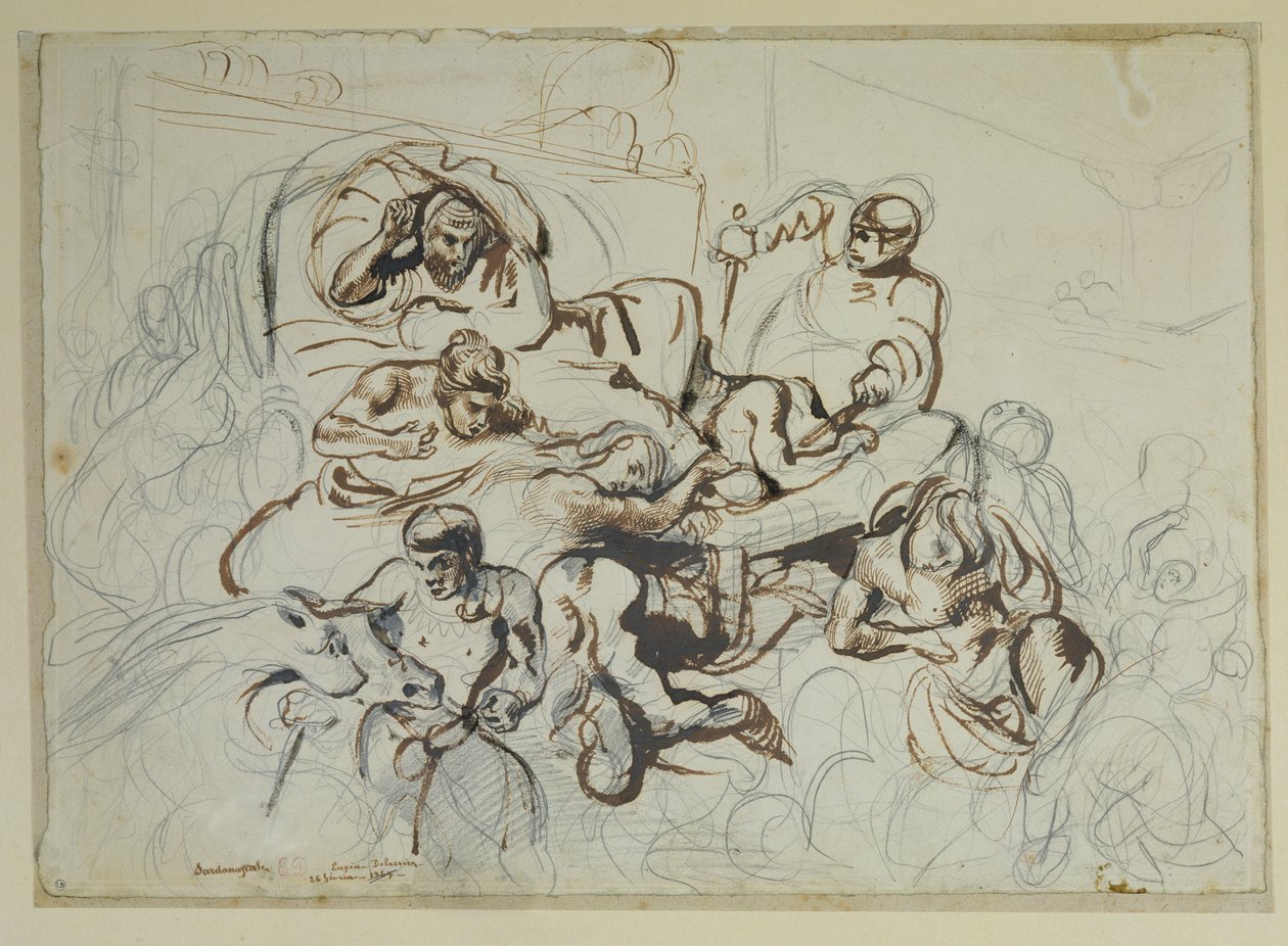 Estudo para a morte de Sardanapalus, 1864 (caneta e grafite sobre papel) de Ferdinand Victor Eugene Delacroix