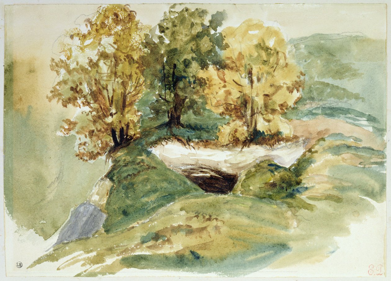 Três, árvores, em, a, borda, de, um, colina de Ferdinand Victor Eugene Delacroix