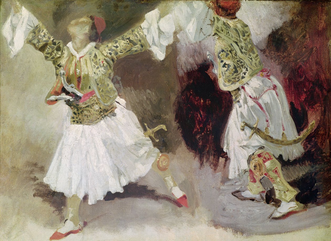Dois soldados gregos dançando (estudo do vestido Soliote) de Ferdinand Victor Eugene Delacroix