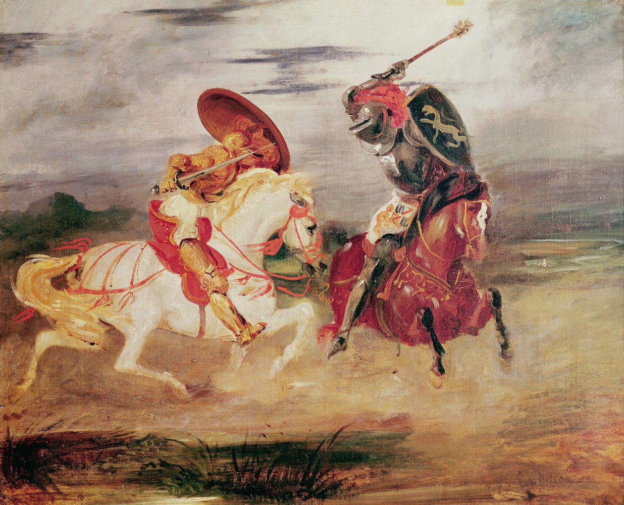 Dois cavaleiros lutando em uma paisagem, c.1824 de Ferdinand Victor Eugene Delacroix