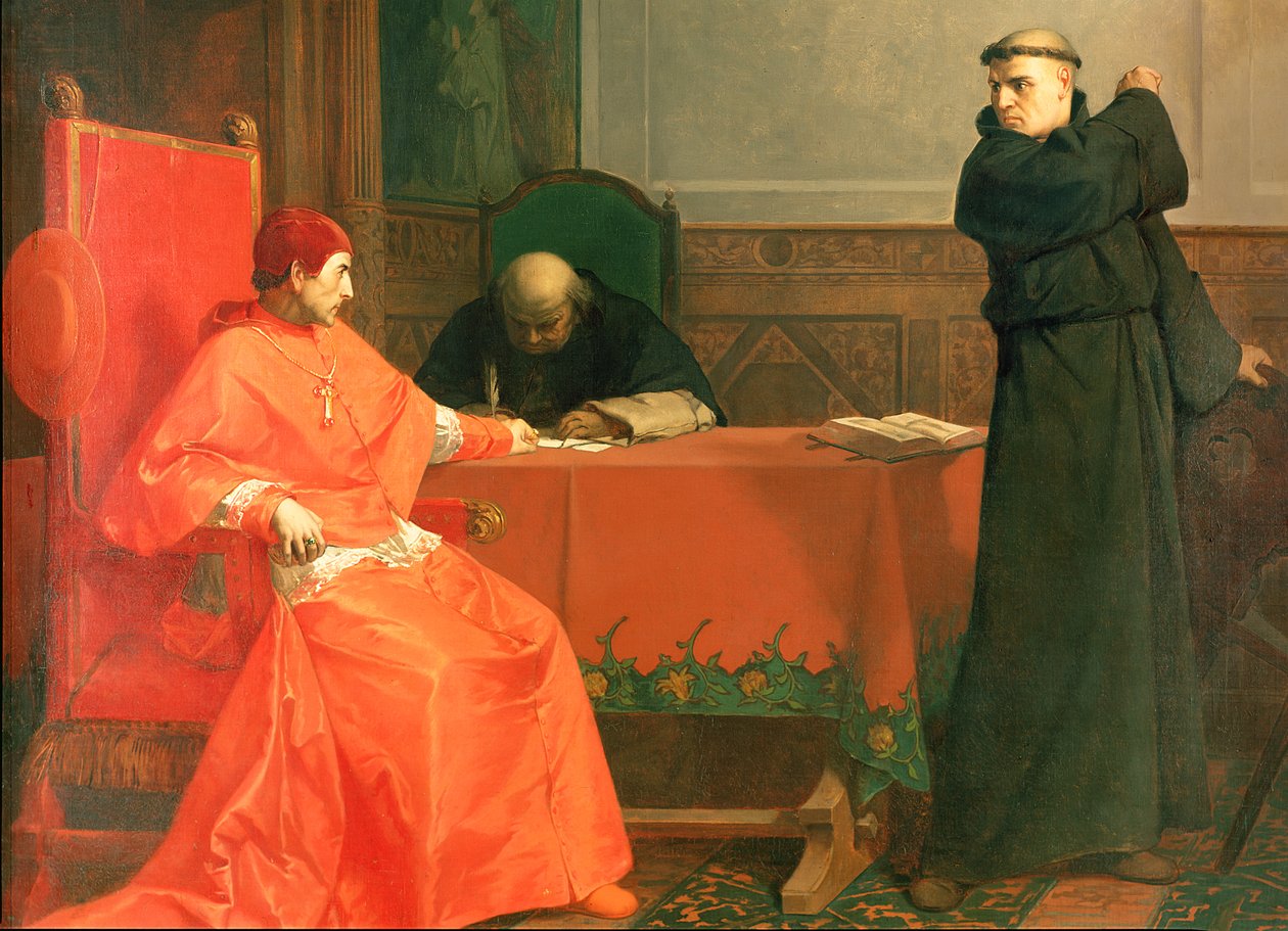 Lutero na frente do Cardeal Caetano, durante a controvérsia de suas 95 Teses, 1870 de Ferdinand Wilhelm Pauwels
