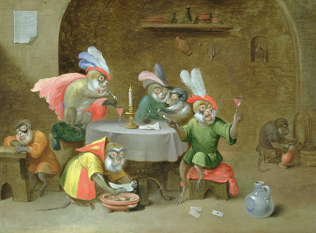 Uma taverna Interior com Macacos bebendo e fumando (óleo sobre cobre) de Ferdinand van Kessel